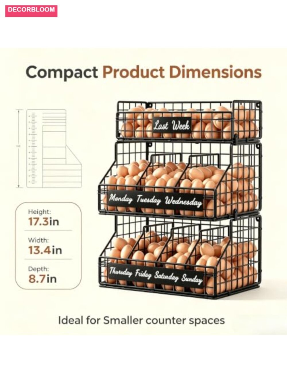 3-Tier Chicken Egg Basket Countertop Organizer with 5 Dividers & Date Labels, - Picture 2 of 6